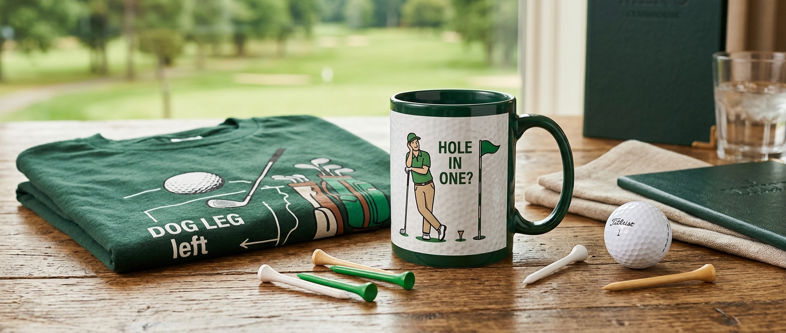 Fun golf gifts: a novelty golf t-shirt and a cheeky mug with golf tees and a ball